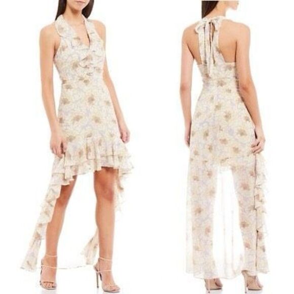 Belle Bagley Mischka Womens Cream Lilac Floral Halter Hi-Low Maxi Dress Size 6 - Picture 2 of 14